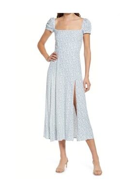 Reformation Light Blue Floral Midi Dress with Square Neck